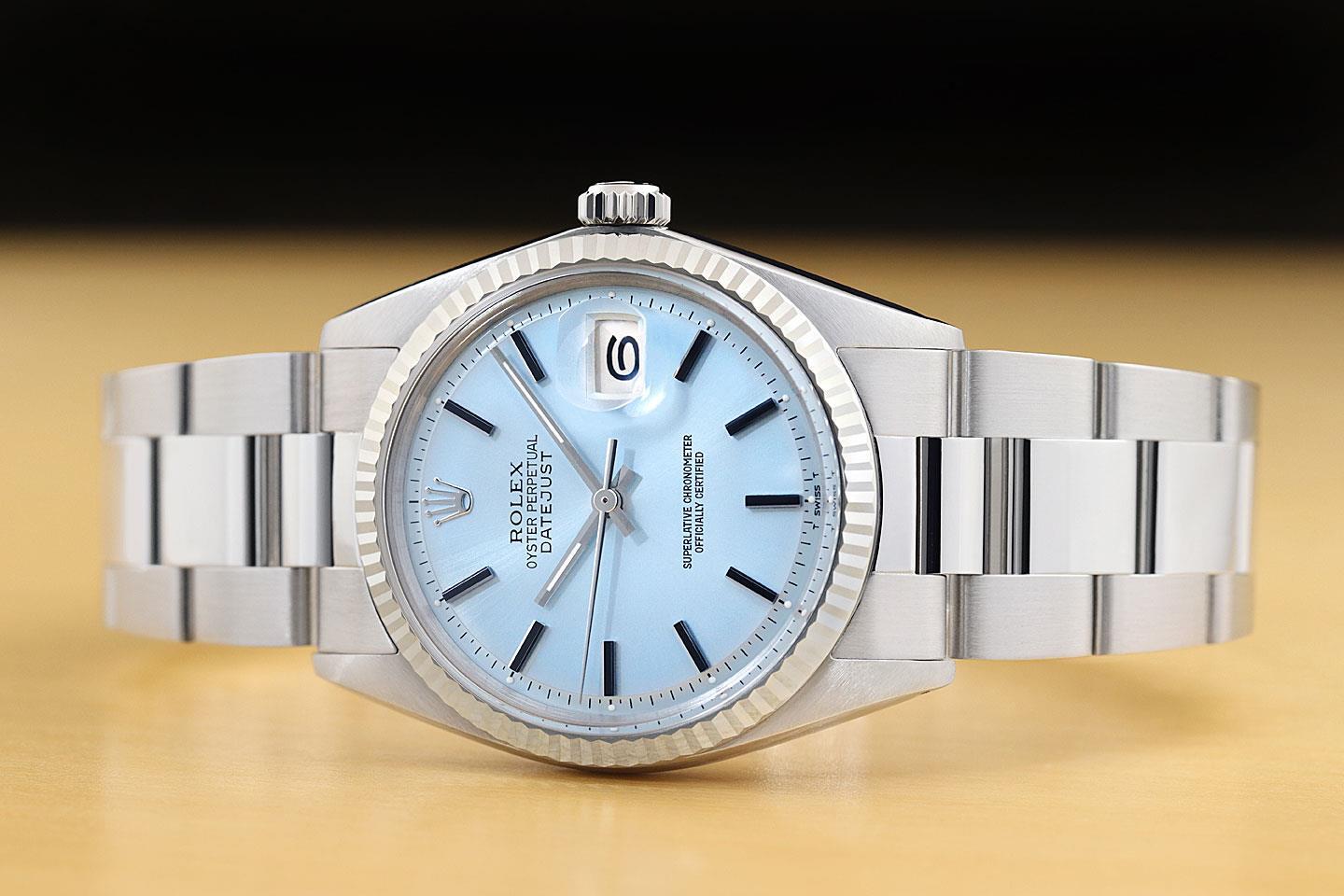 ROLEX MENS DATEJUST 18K WHITE GOLD STAINLESS STEEL ICE BLUE OYSTER WATCH