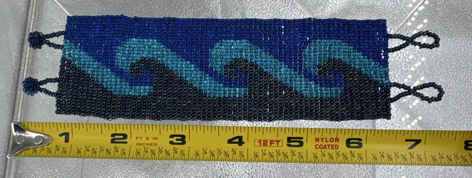 Handmade Beaded Cuff Bracelet Blue Black Teal Wave Pattern Glass Beads 7.5 in