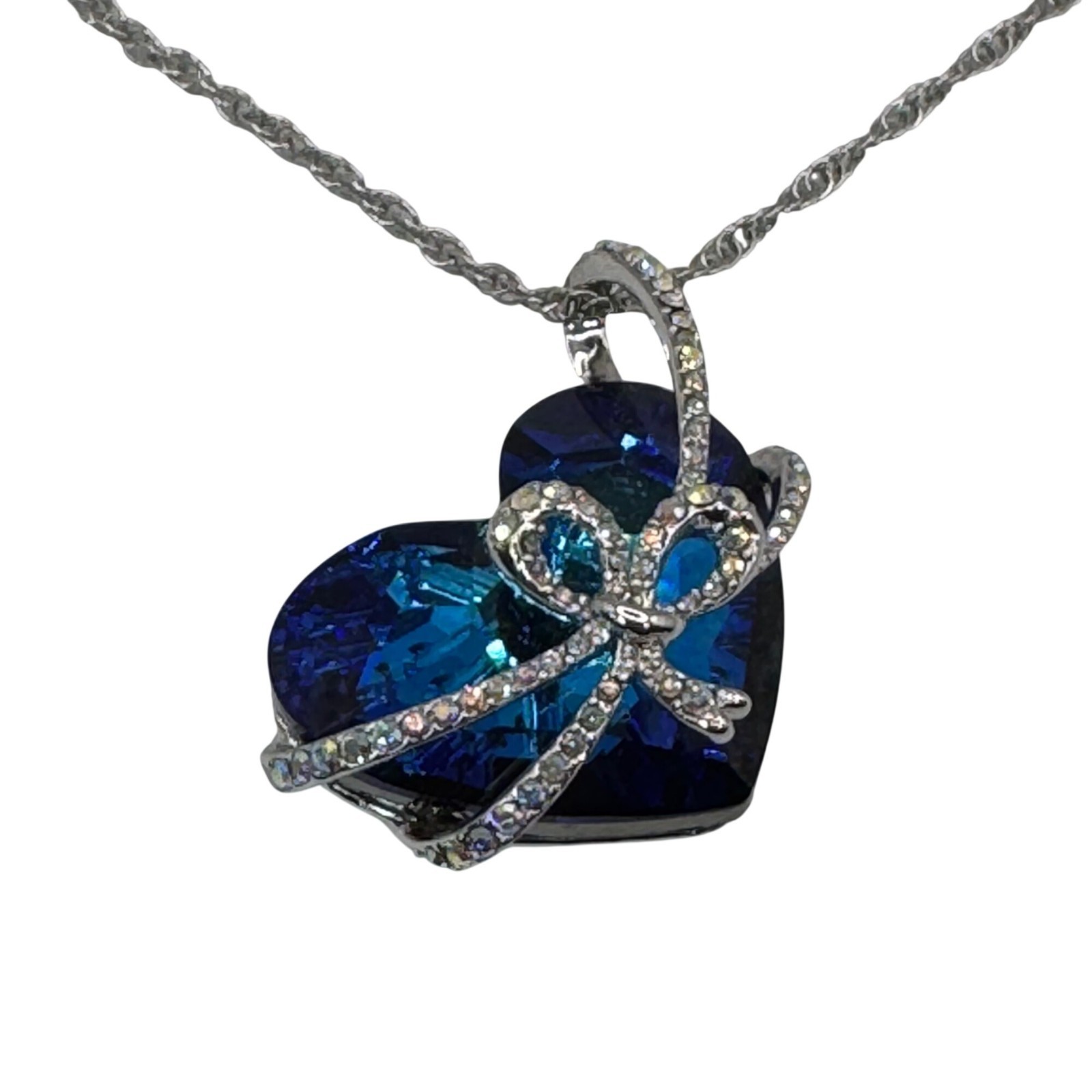 Qianse Swarovski Blue Crystal Heart of The Sea Pendant Necklace Silver Tone NEW