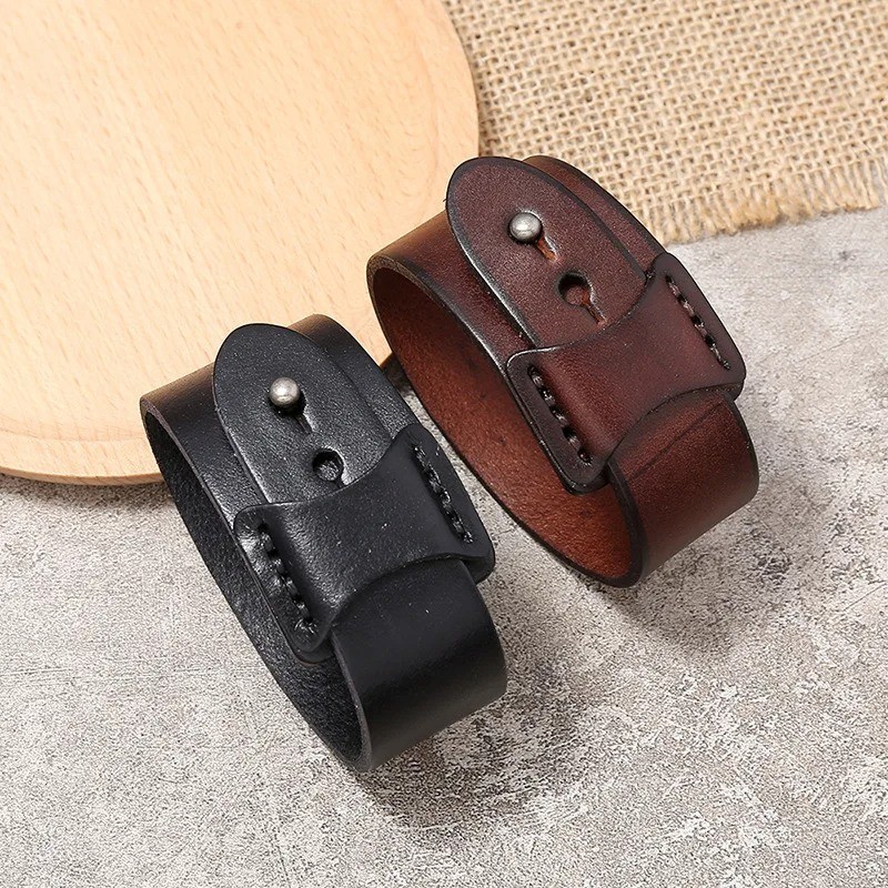 VOQ Punk Geometric Design Black with Brown Genuine Leather Wristband Cuff.