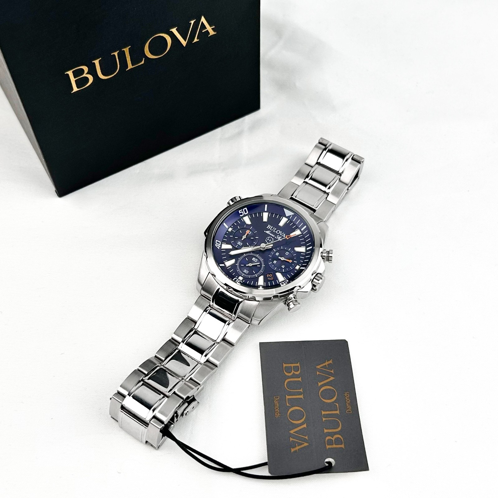 New w/box/Bulova Marine Star 96B256 Blue Dial Chronograph Men’s Quartz Watch