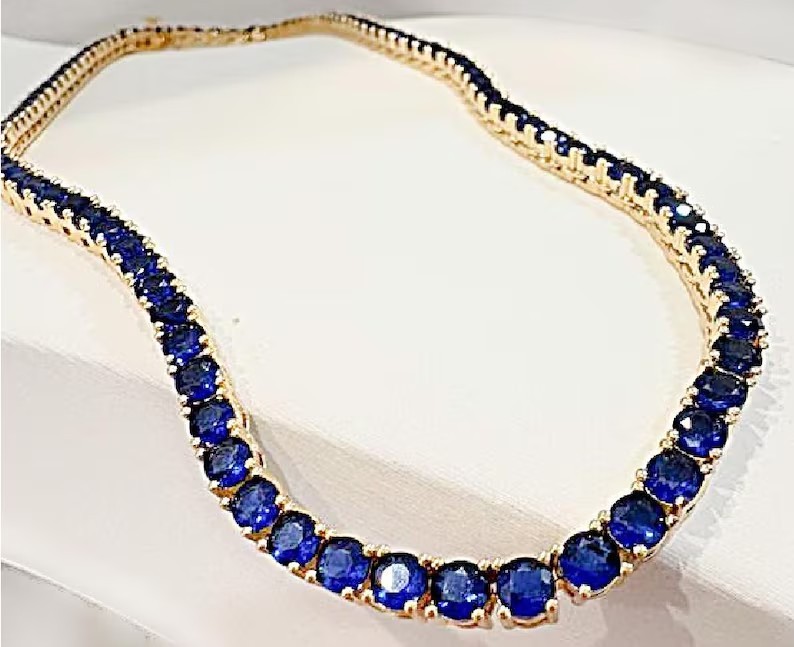 18.0ct Lab Created Round Cut 4mm Sapphire 14K Yellow Gold Plated Tennis Necklace