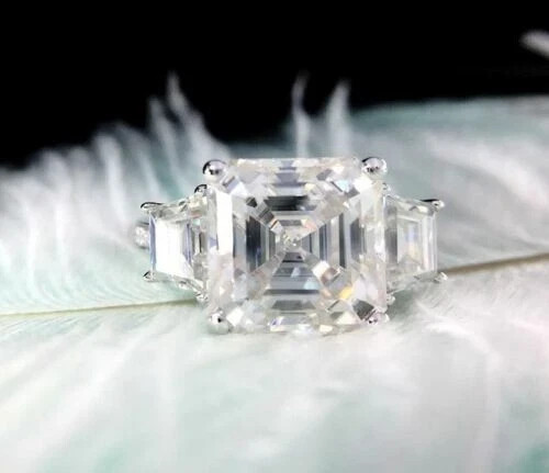 3Ct Asscher Lab Created Diamond Three-Stone Engagement Ring 14K White Gold Over