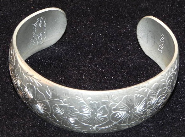 Vintage Leonard Genuine Pewter Open Cuff Bracelet Cosmos Flower Bolivia