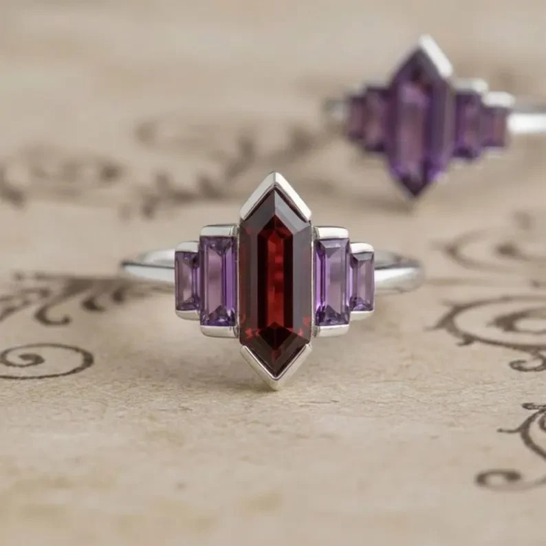 Garnet Amethyst Gemstone Art Deco Sterling Silver Geometric Ring Jewelry Gift