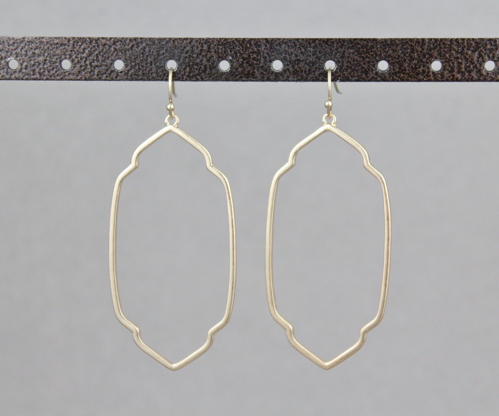 Gold oval teardrop earrings dangle cutout filigree oval outline 2.75″ long