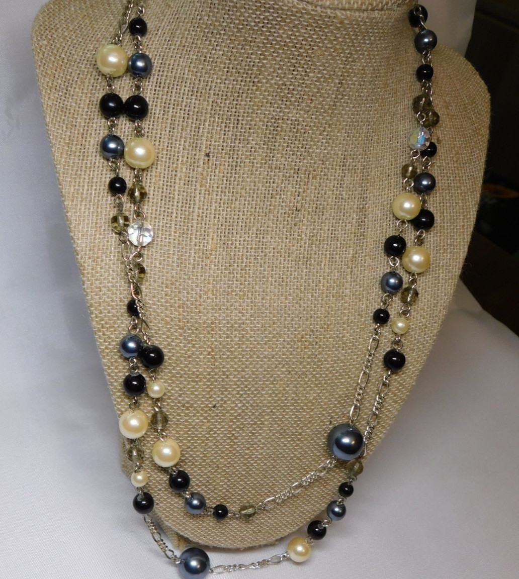 Avon 46” Necklace Faux Black ,Gray, White Pearls, Crystal Beads, Silver Chain