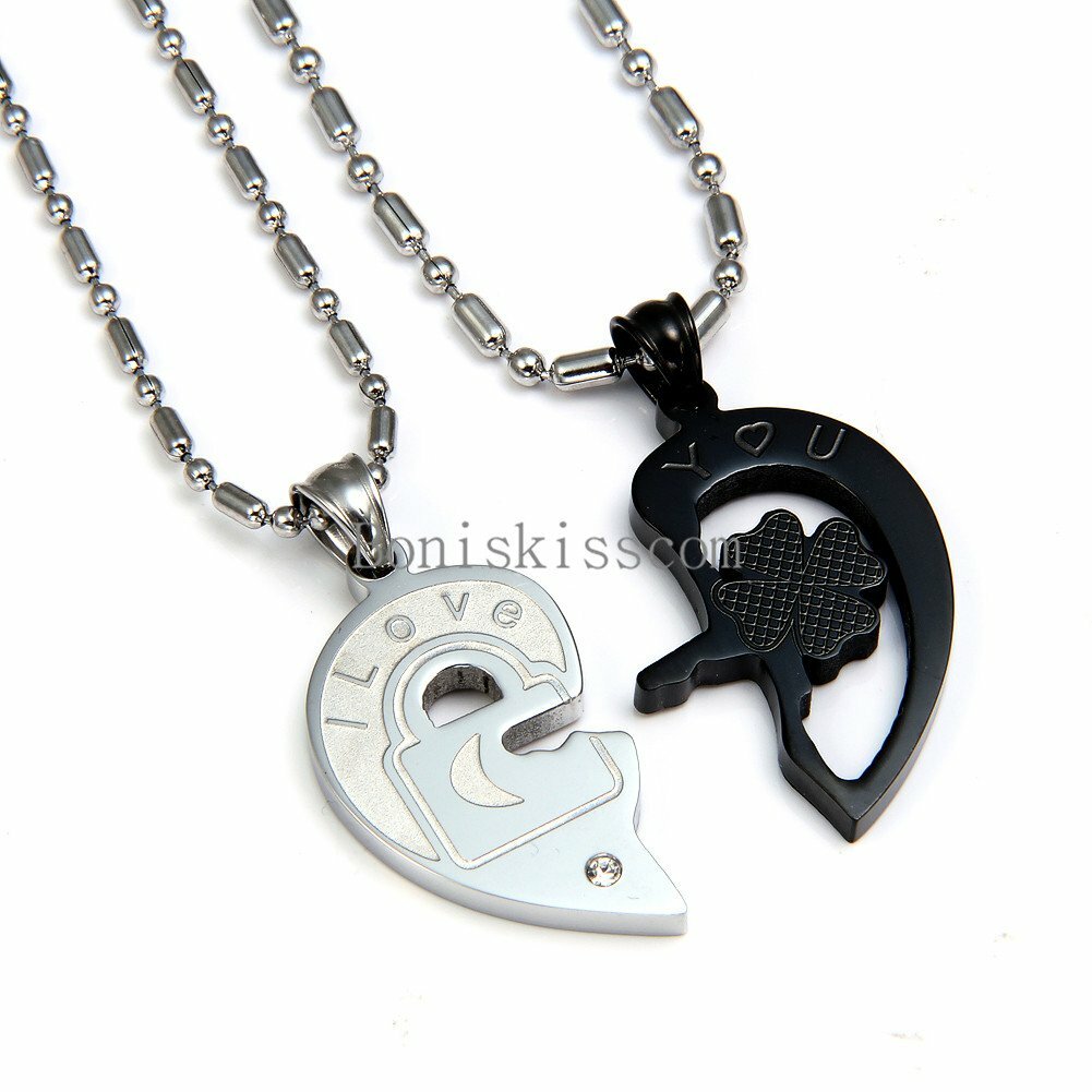 His and Hers Stainless Steel I Love You Heart Lock & Key Couple Pendant Necklace
