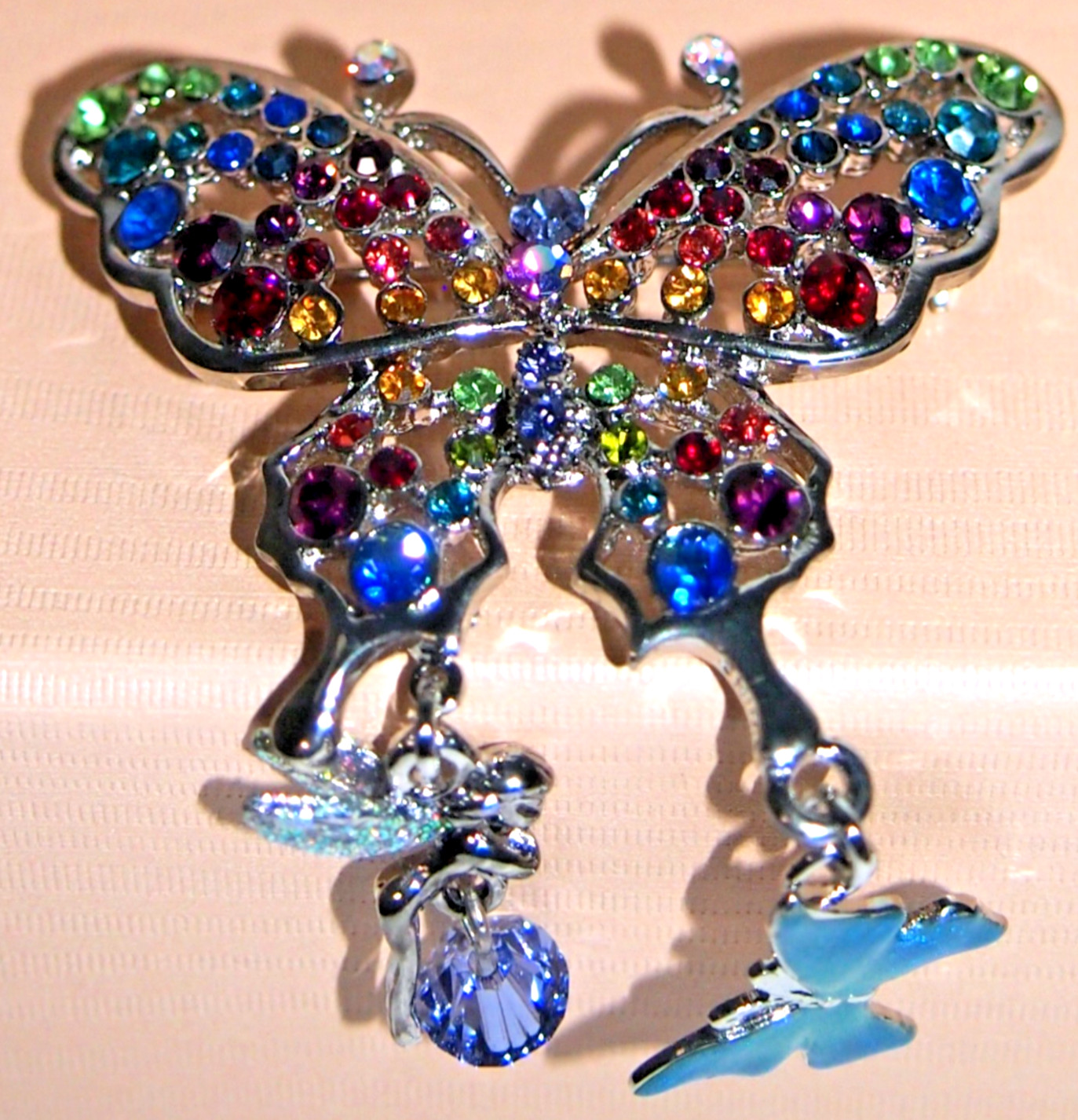 Kirks Folly Rainbow Butterfly Pin w/Fairy Charm-Silvertone 2-1/8″ x 1-3/4″