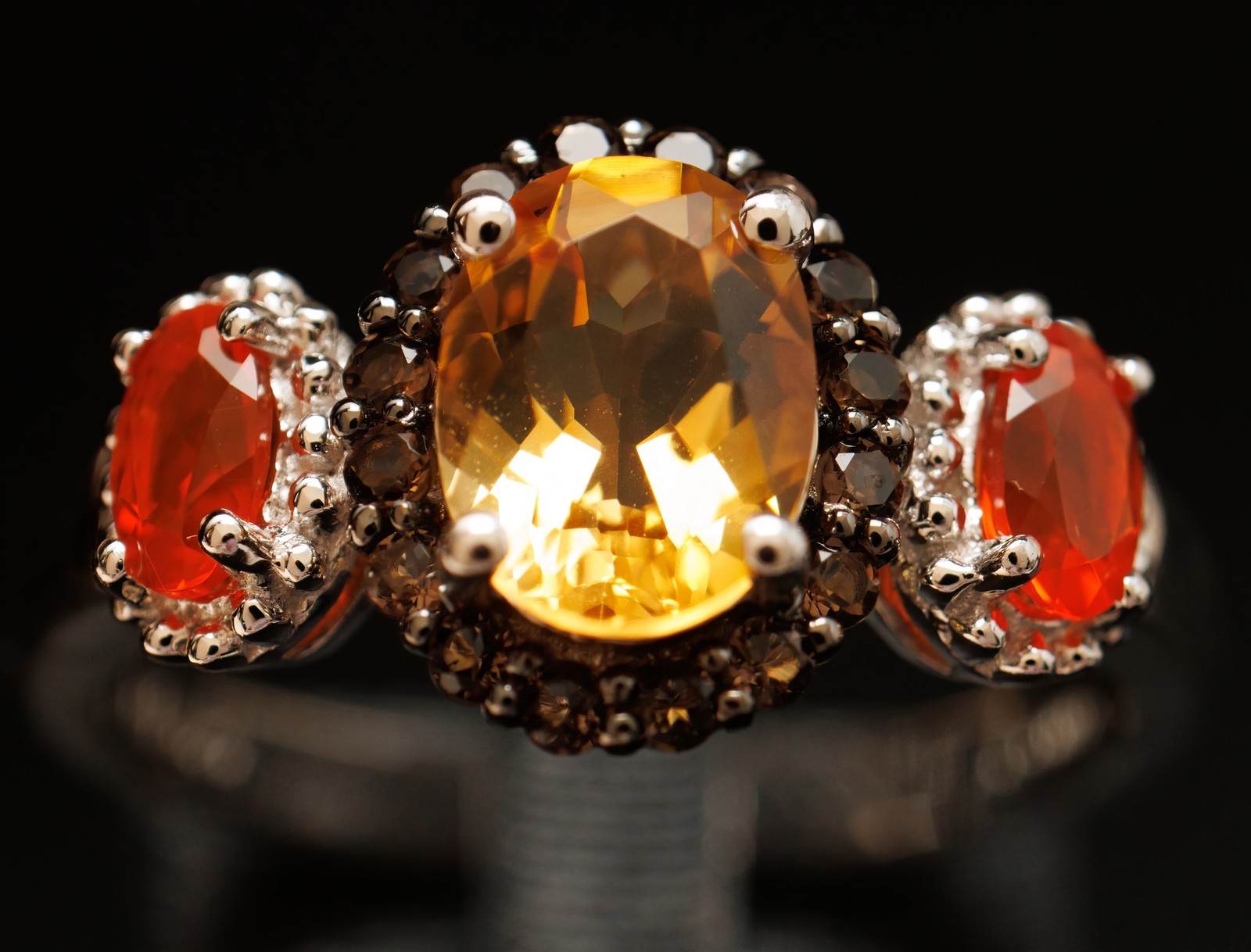 Size 9 Citrine w/ Smoky Quartz Halo & Fire Opal Accents Sterling Silver Ring