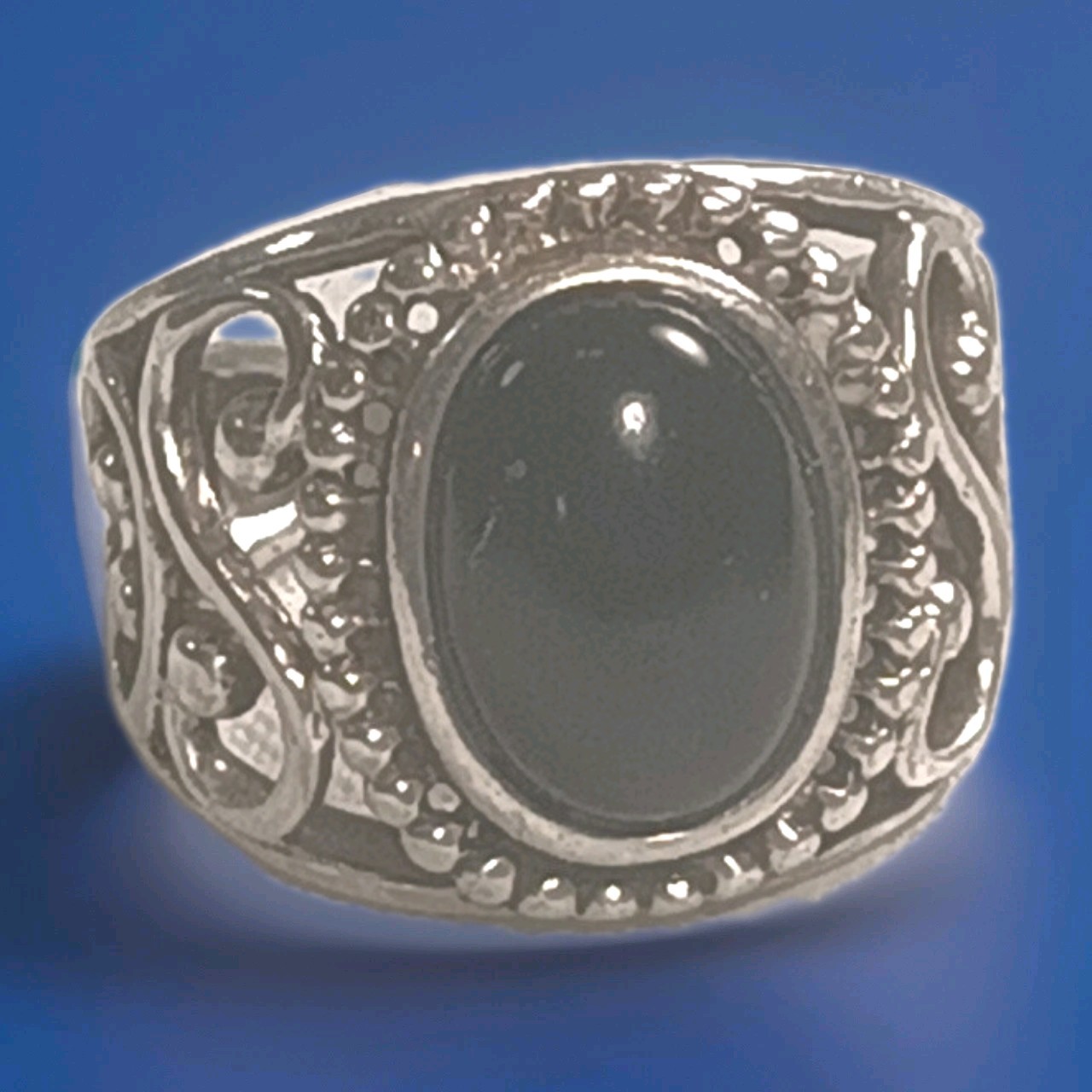 Vintage Signed RJ Sterling Silver 925 Black Onyx Filigree Statement Ring Size 5