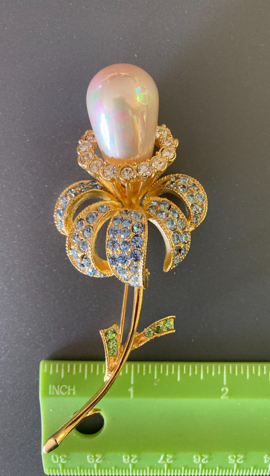 Vintage Ivana Trump Iris Flower Iridescent Faux Pearl Rhinestone GoldTone Brooch