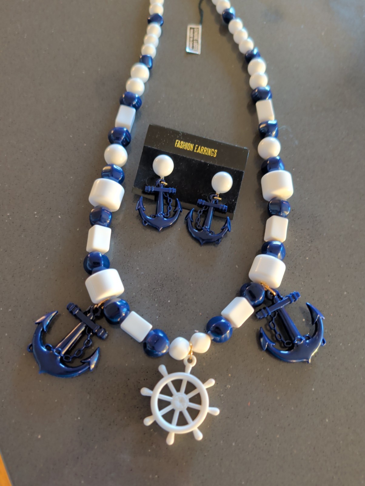 NOS Vintage GenuineLucite Necklace & Earrings Set Nautical Anchor Blue White S5