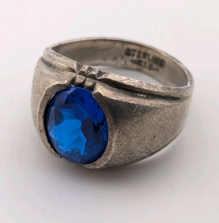 Vintage Sterling Silver Ring Deep Blue Stone Mens Signet C&C Size 9.25-9.5 READ