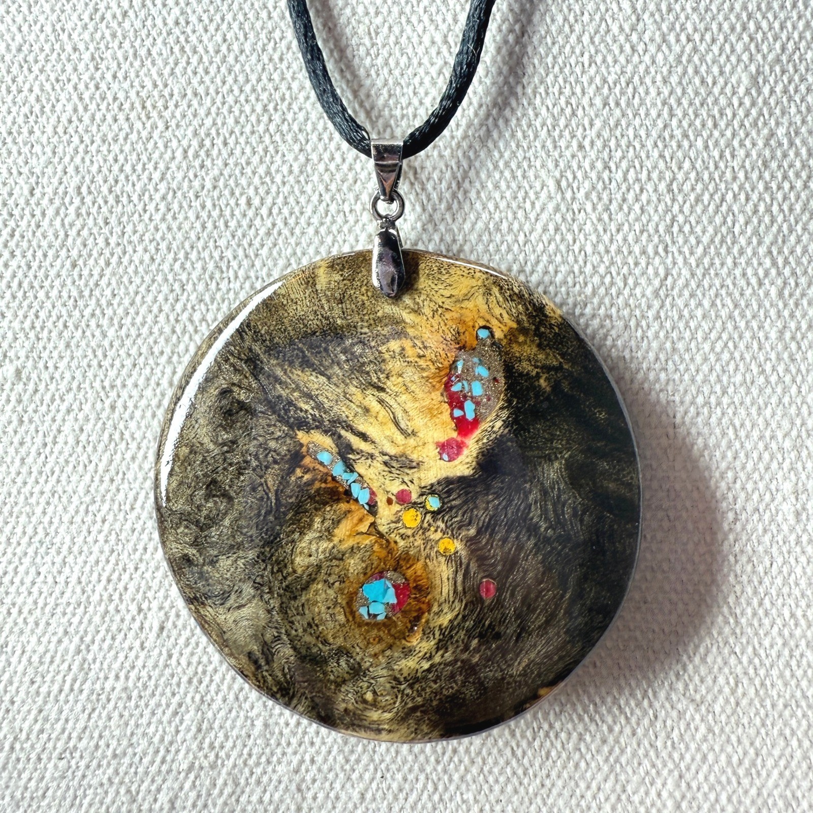 Buckeye Wood Pendant Necklace Hollow Lightweight Burl Long Adjustable Cord