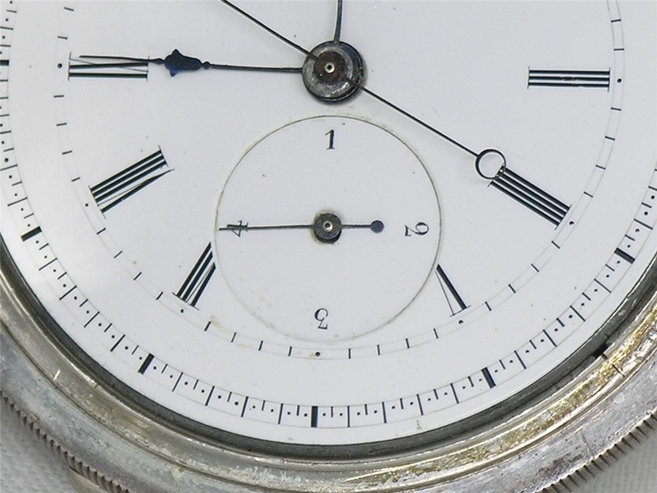 ANTIQUE 57MM HUGUENIN 1/4 JUMP SECONDS POCKETWATCH, ORIGINAL CASE, RUNNING!