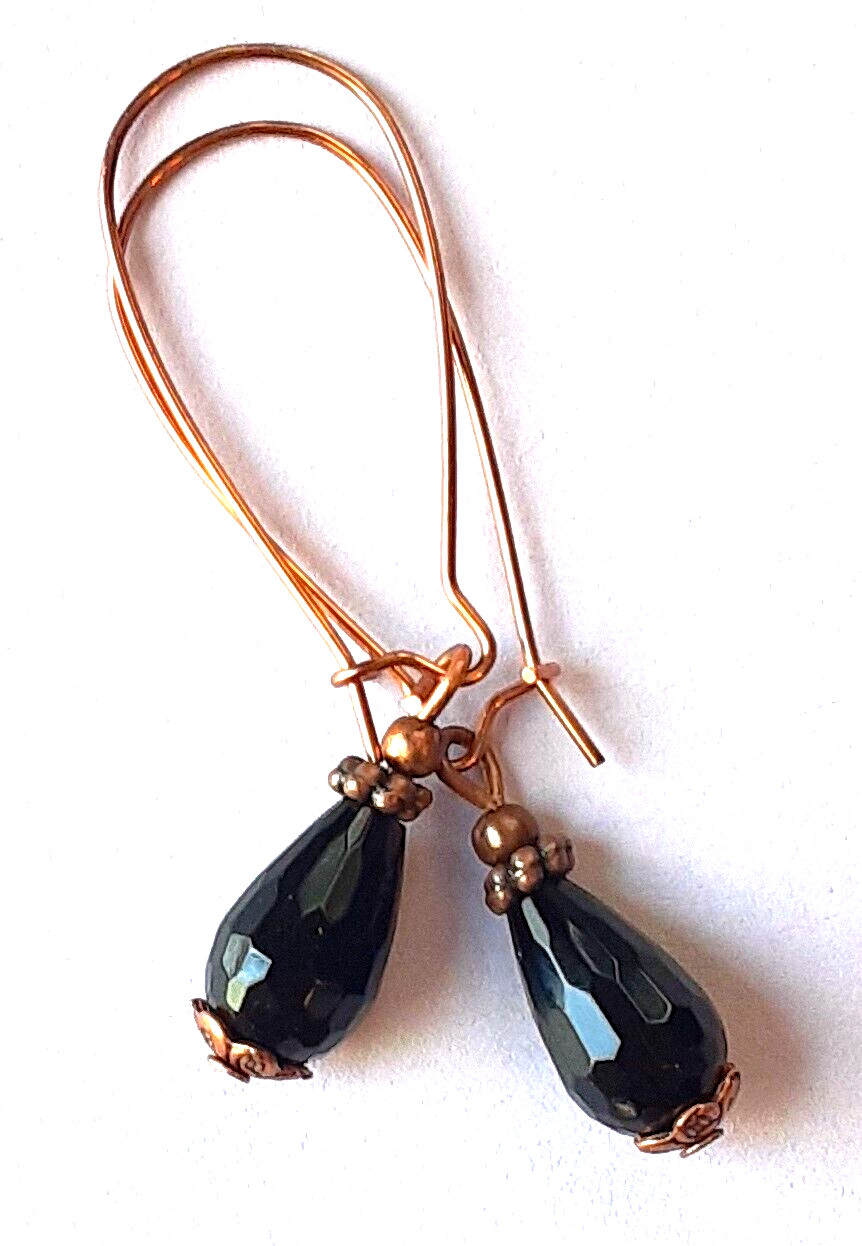 ONYX BLACK faceted dangle earring COPPER KIDNEY WIRE HANDCRAFTED K2TA