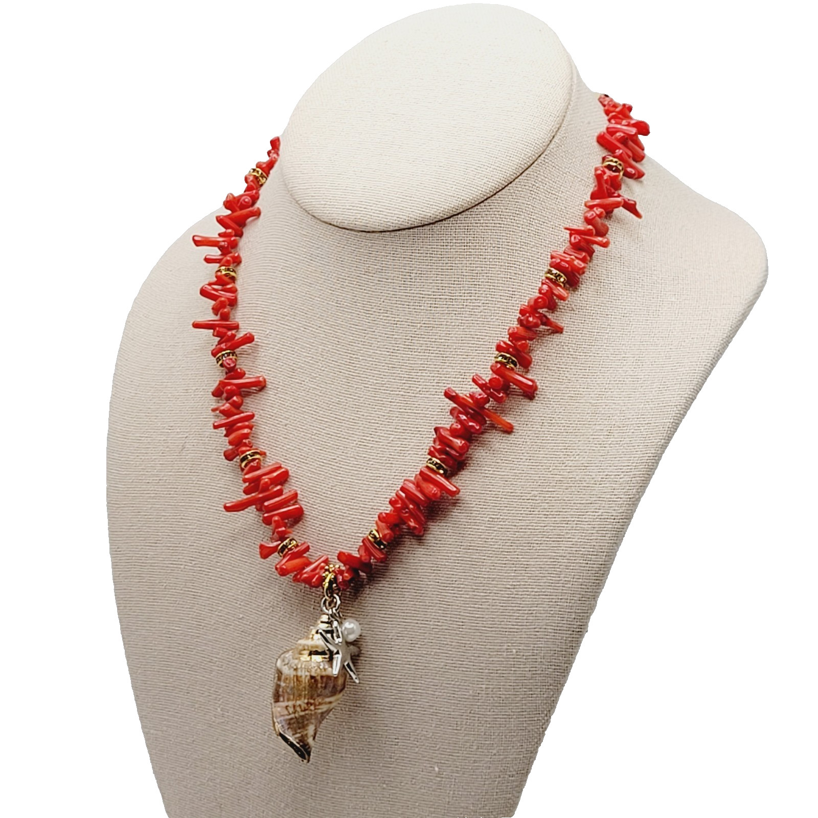Vintage SW Artisan Red Branch Coral w Shell Pendant Gold Tone Cones Necklace