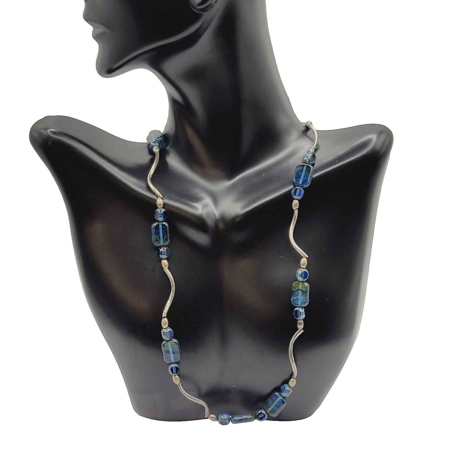 Vintage Blue Green Translucent Art Glass Necklace Wavy Silver Tone Alloy 18 in
