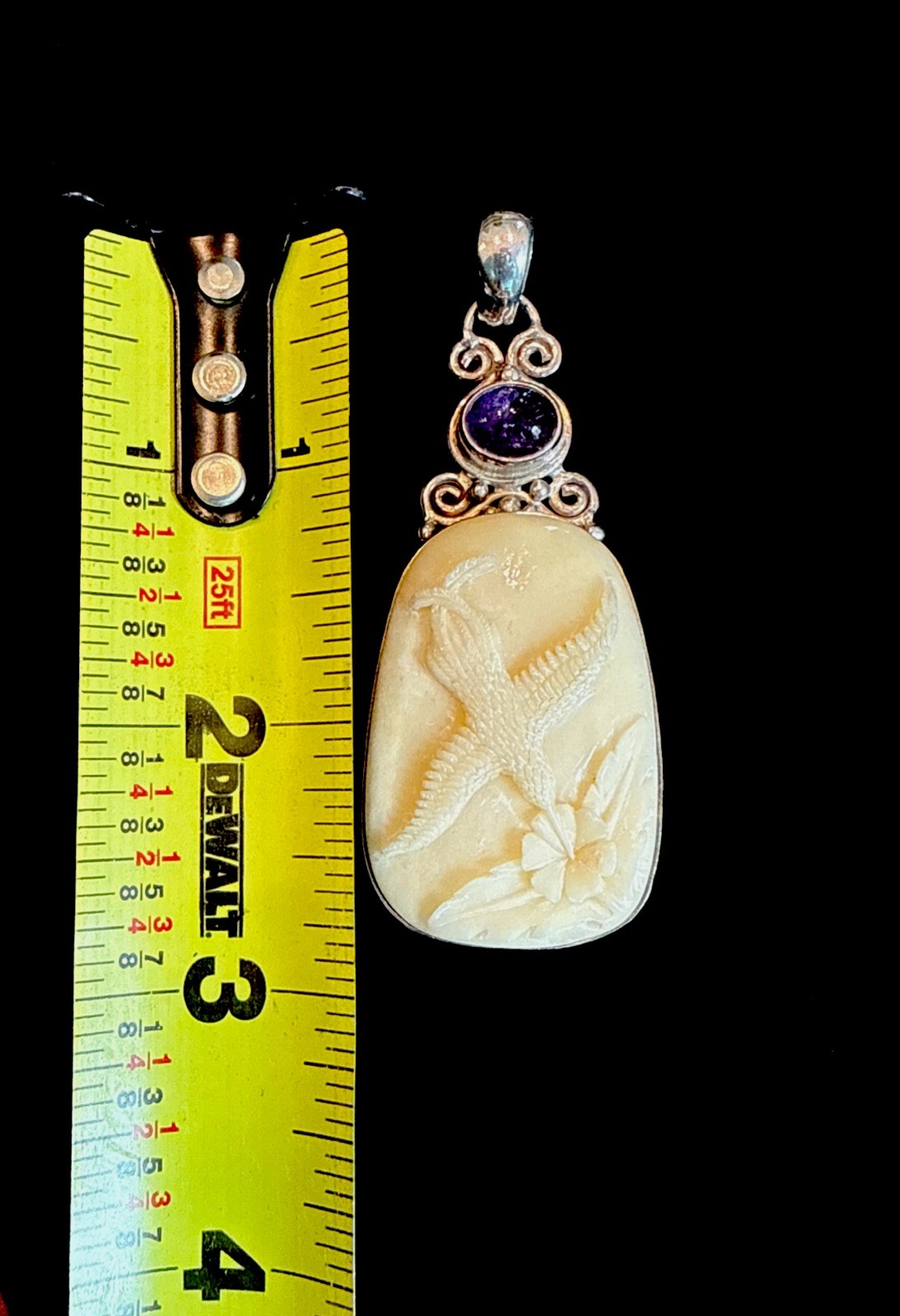 Vintage Sajen 925 Sterling Silver Carved Hummingbird Pendant & Charoite Stone