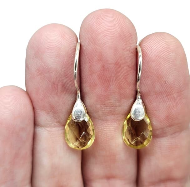 Teardrop Lemon Quartz Earrings, Checkerboard Faceted, Sterling Silver