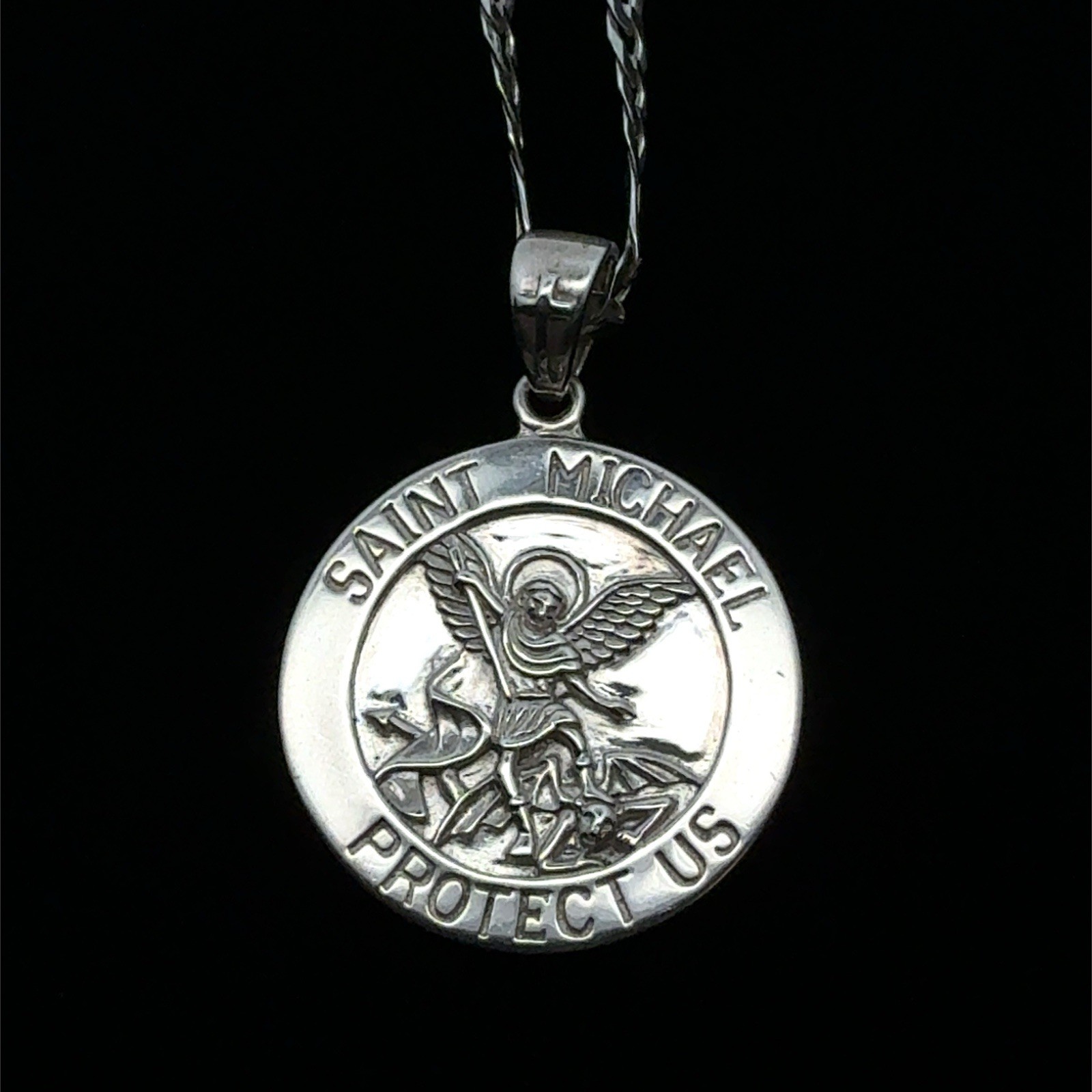 Peter Stone Saint Michael Sterling Silver Pendant On 20” Figaro Necklace, 21.5g