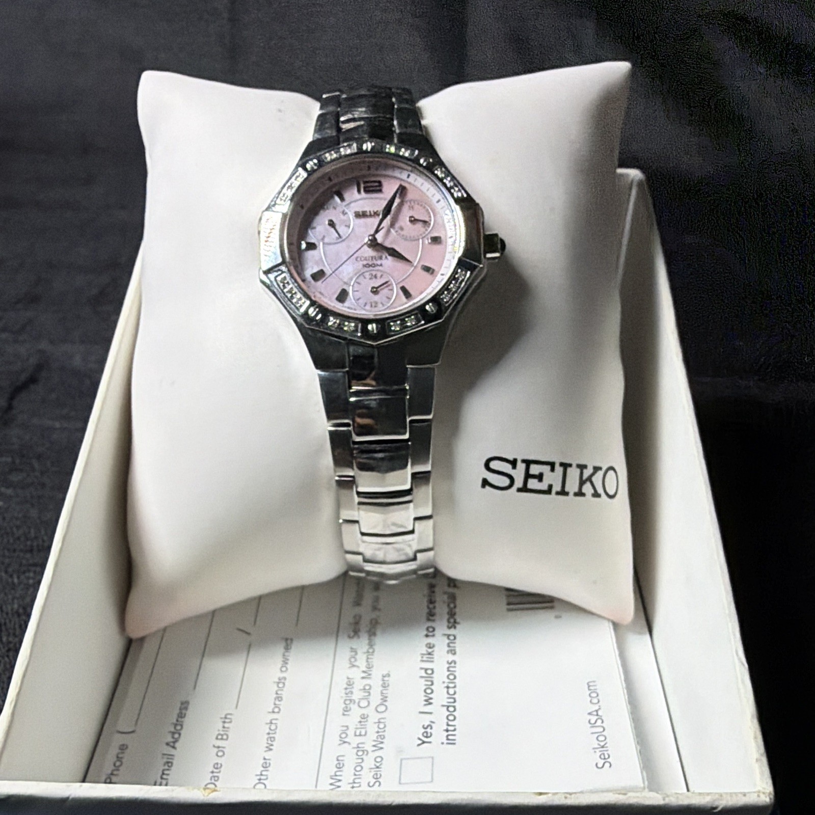 Seiko Coutura Women’s Pink Mother of Pearl Diamond Bezel 100M Quartz Watch
