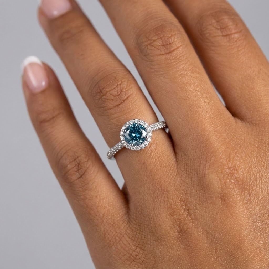 Side Stone Engagement Ring 18K Gold Halo 0.79 CT Round Natural Diamond Blue VS2