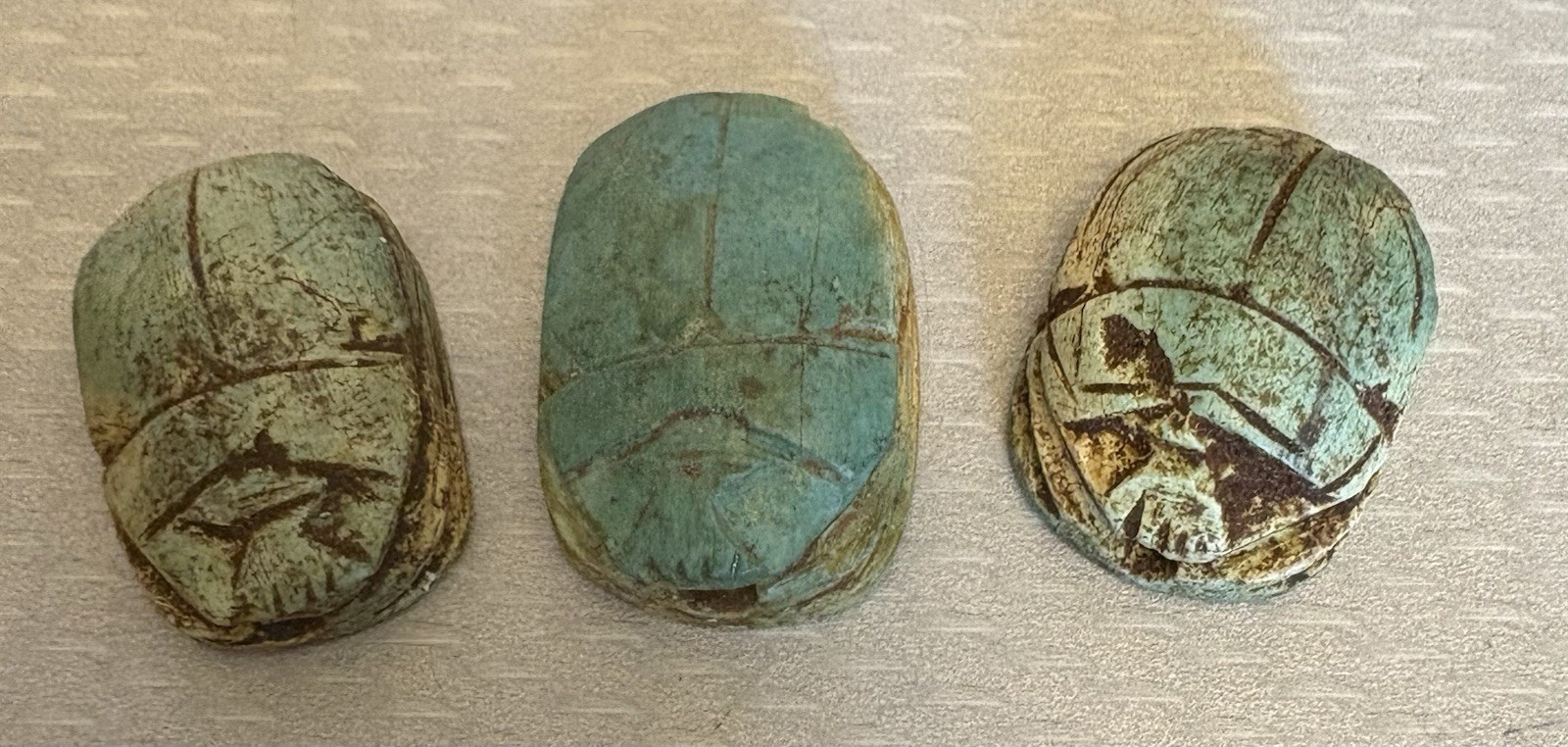 Ancient Egyptian Carved Scarab Amulet Beads Turquoise Stone 1” Lot of 3