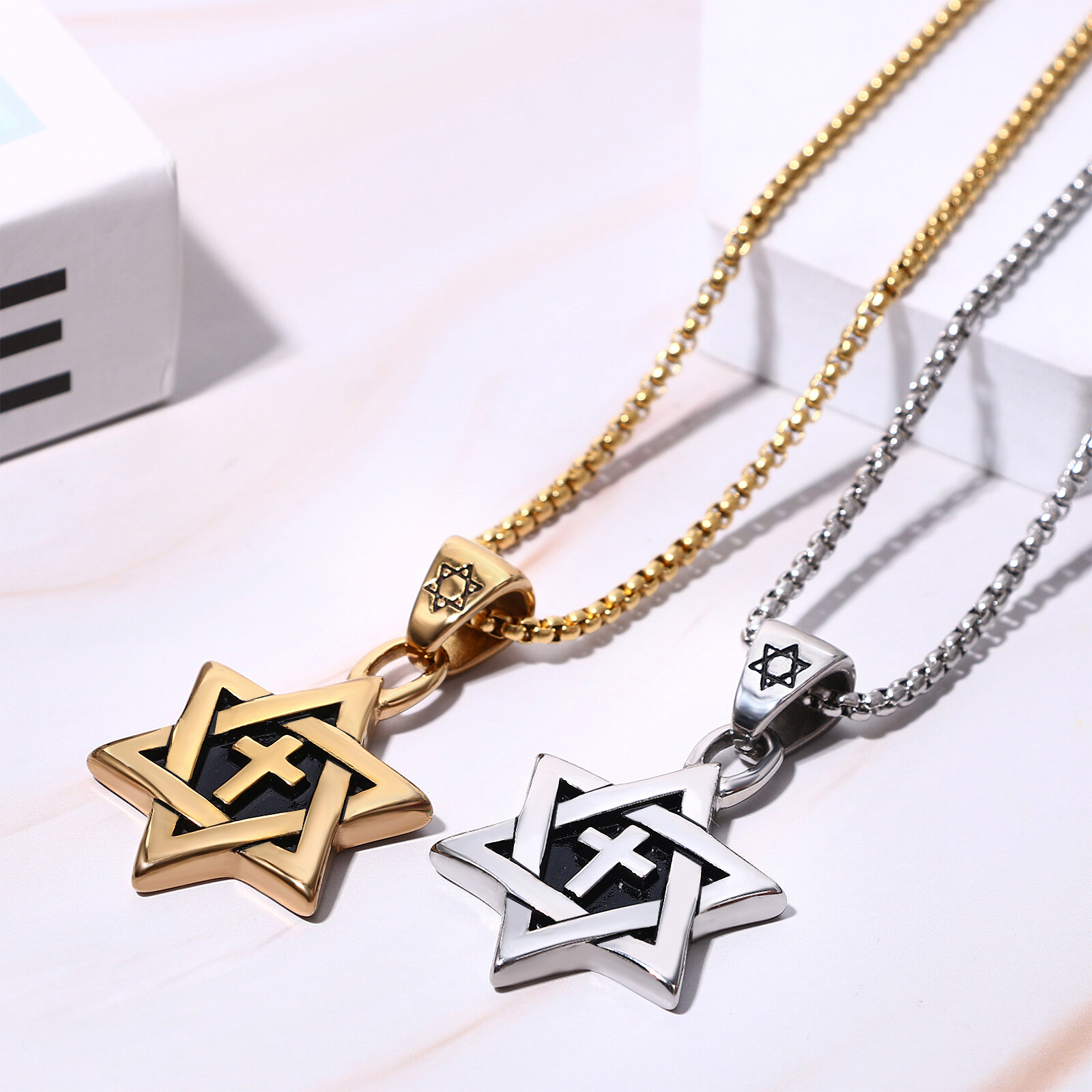 Men Jewish Israeli Star of David Cross Necklace Stainless Steel Hexagram Pendant