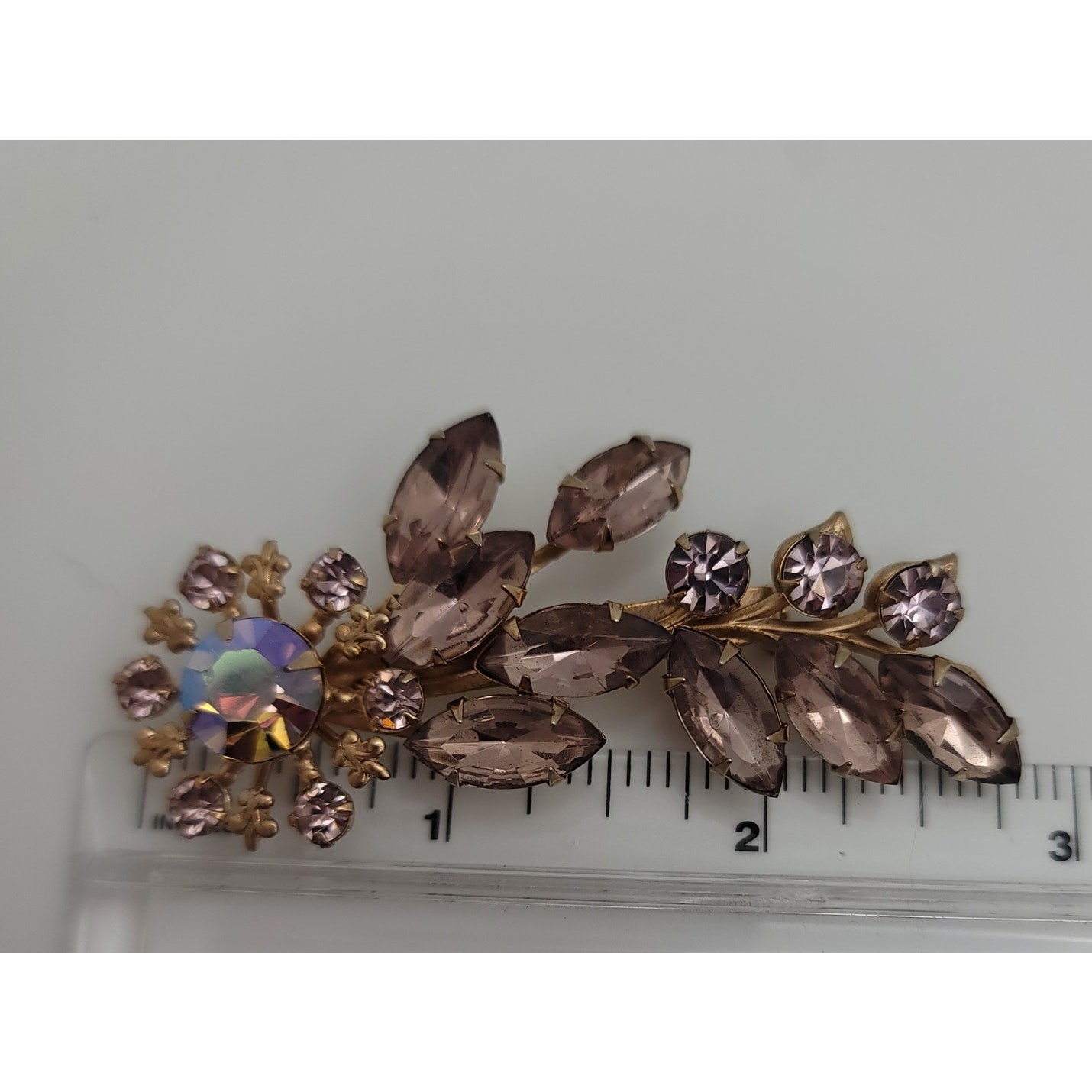 Vintage Lavender Rhinestone Floral Brooch Central Aurora Borealis Stone