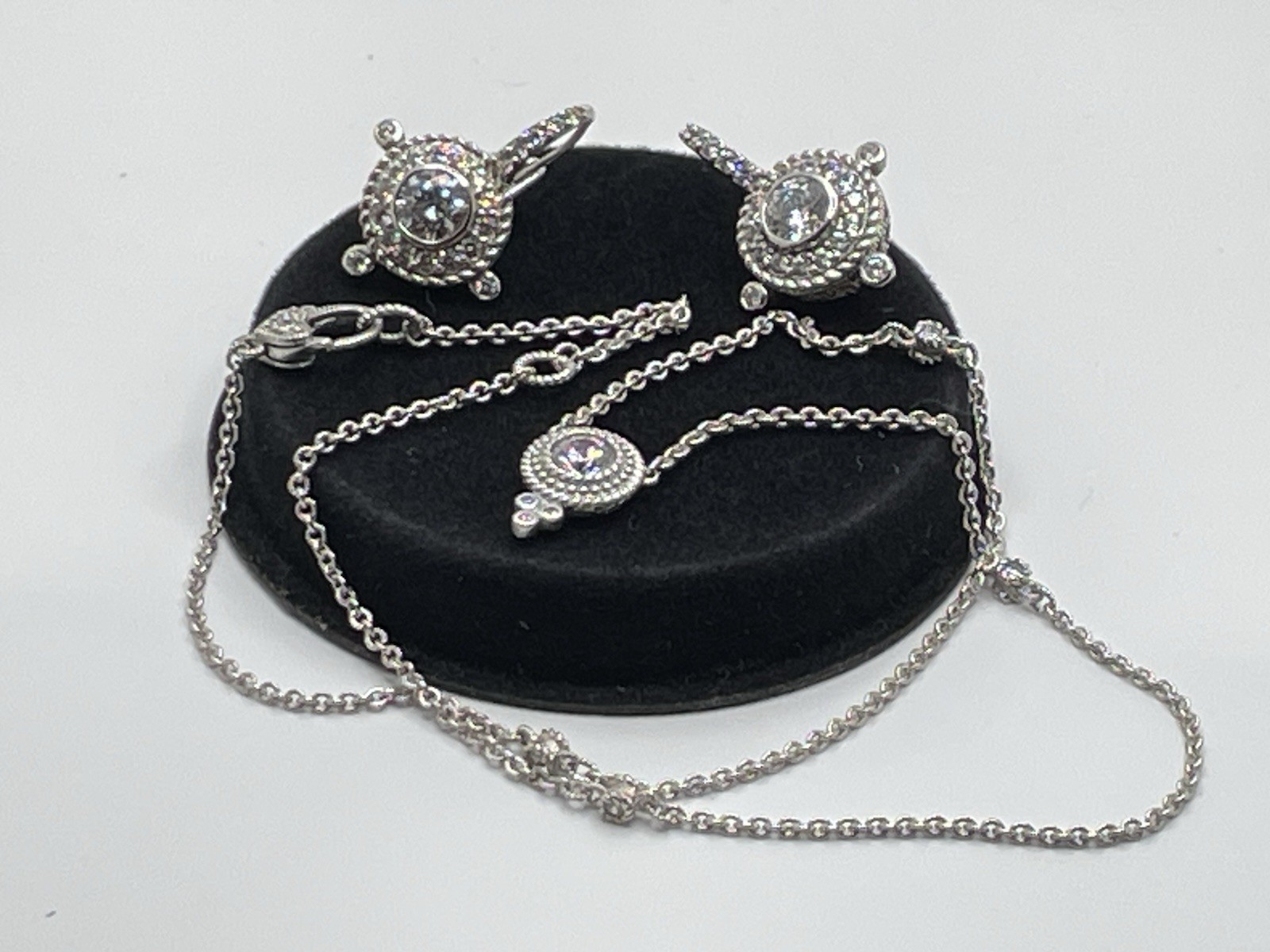 JUDITH RIPKA 925 Sterling Silver C Z Station Chain Pendant Necklace & Earrings