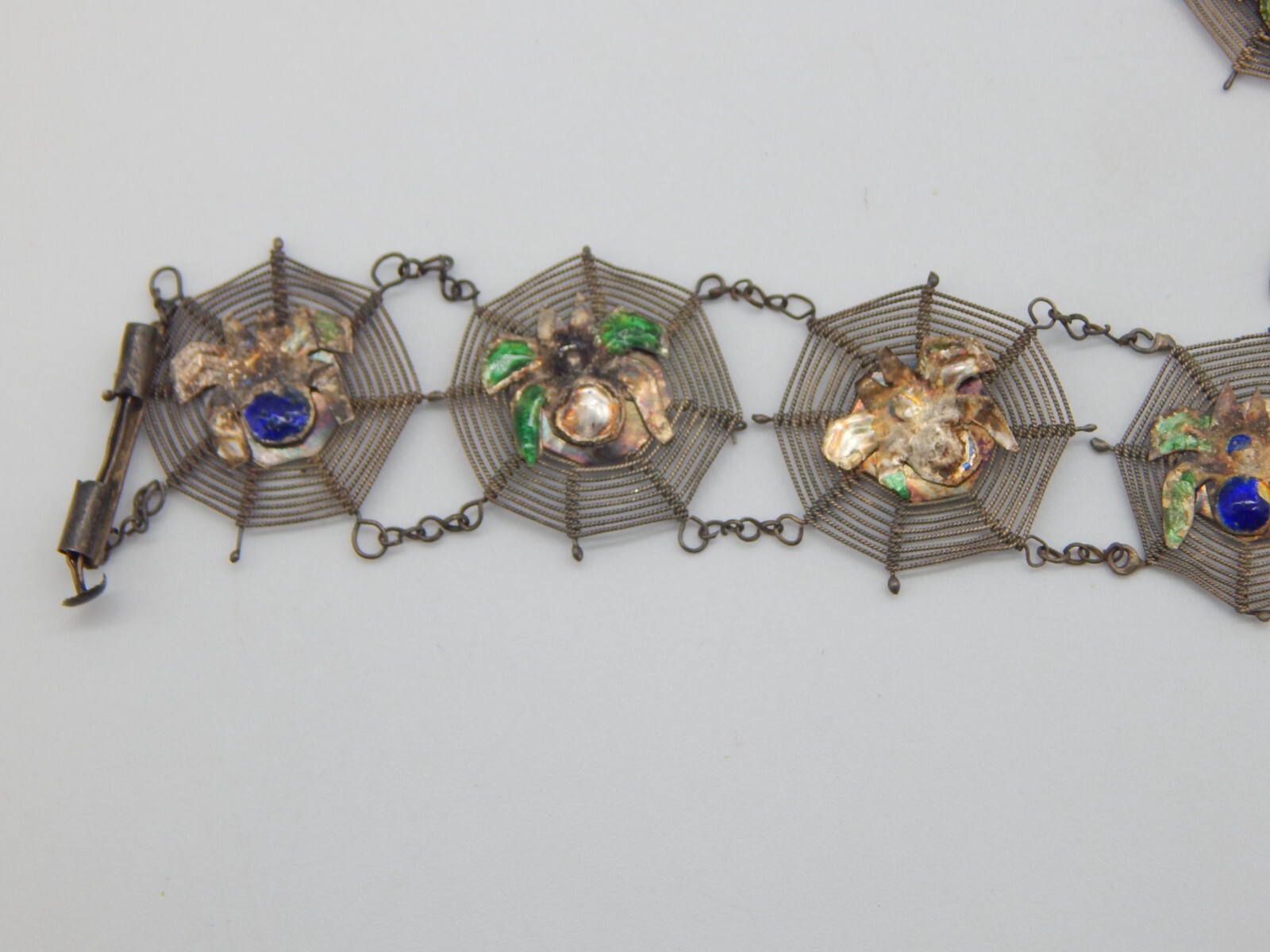 VTG 1940s Asian Silver Spiders on Spider Webs Necklace and Bracelet Set (CF110)