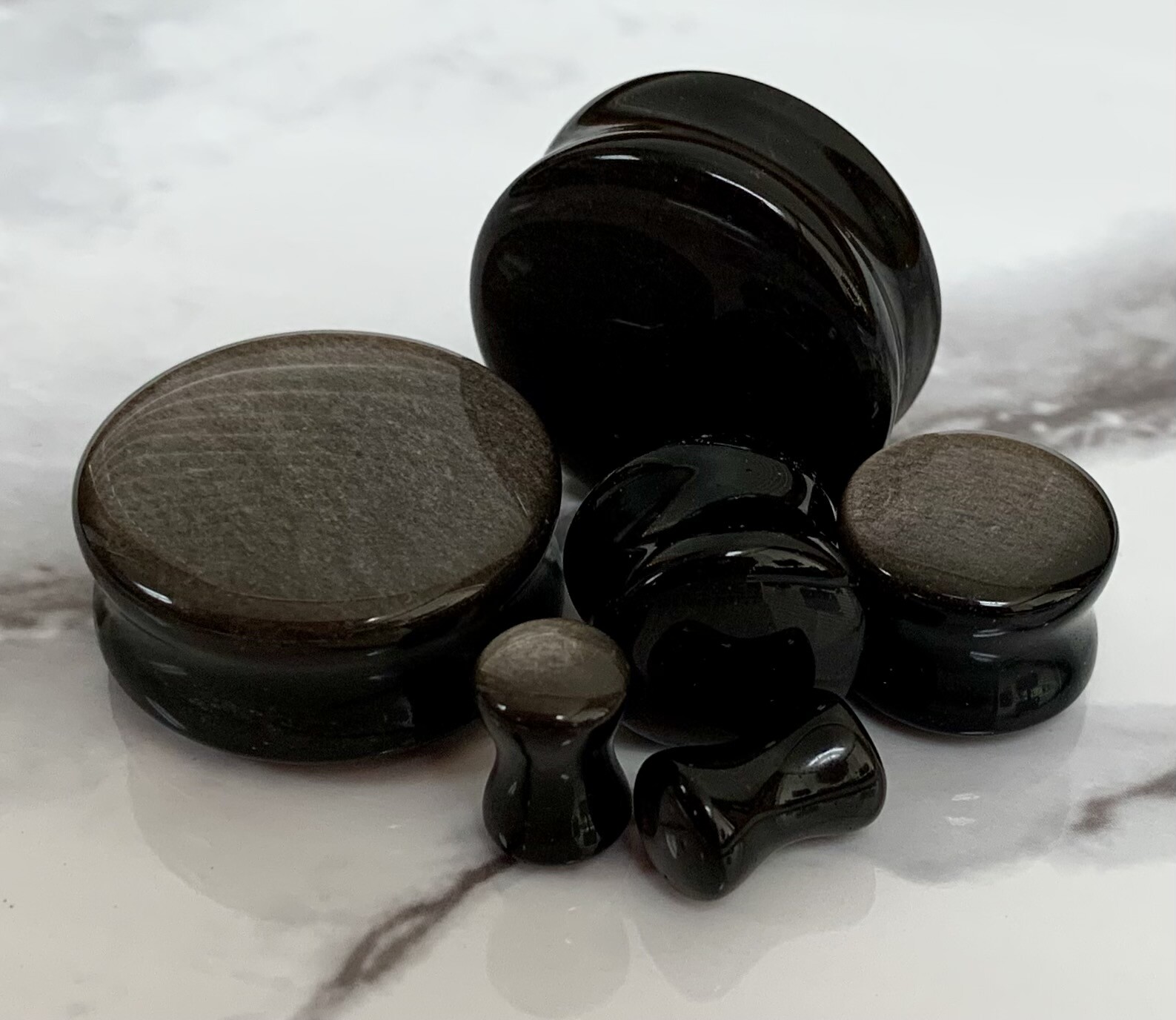 PAIR Silver Obsidian Natural Stone Double Flare Plugs Organic Earlets Gauges
