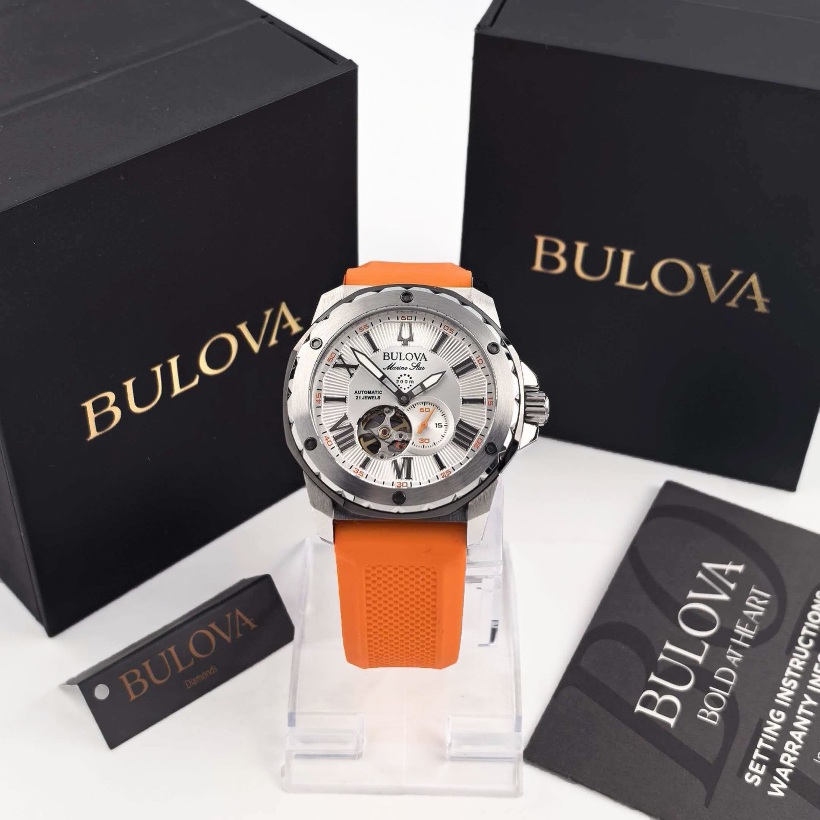 Bulova 98A226 Marine Star Men’s Silver Dial Orange Rubber Strap Automatic Watch