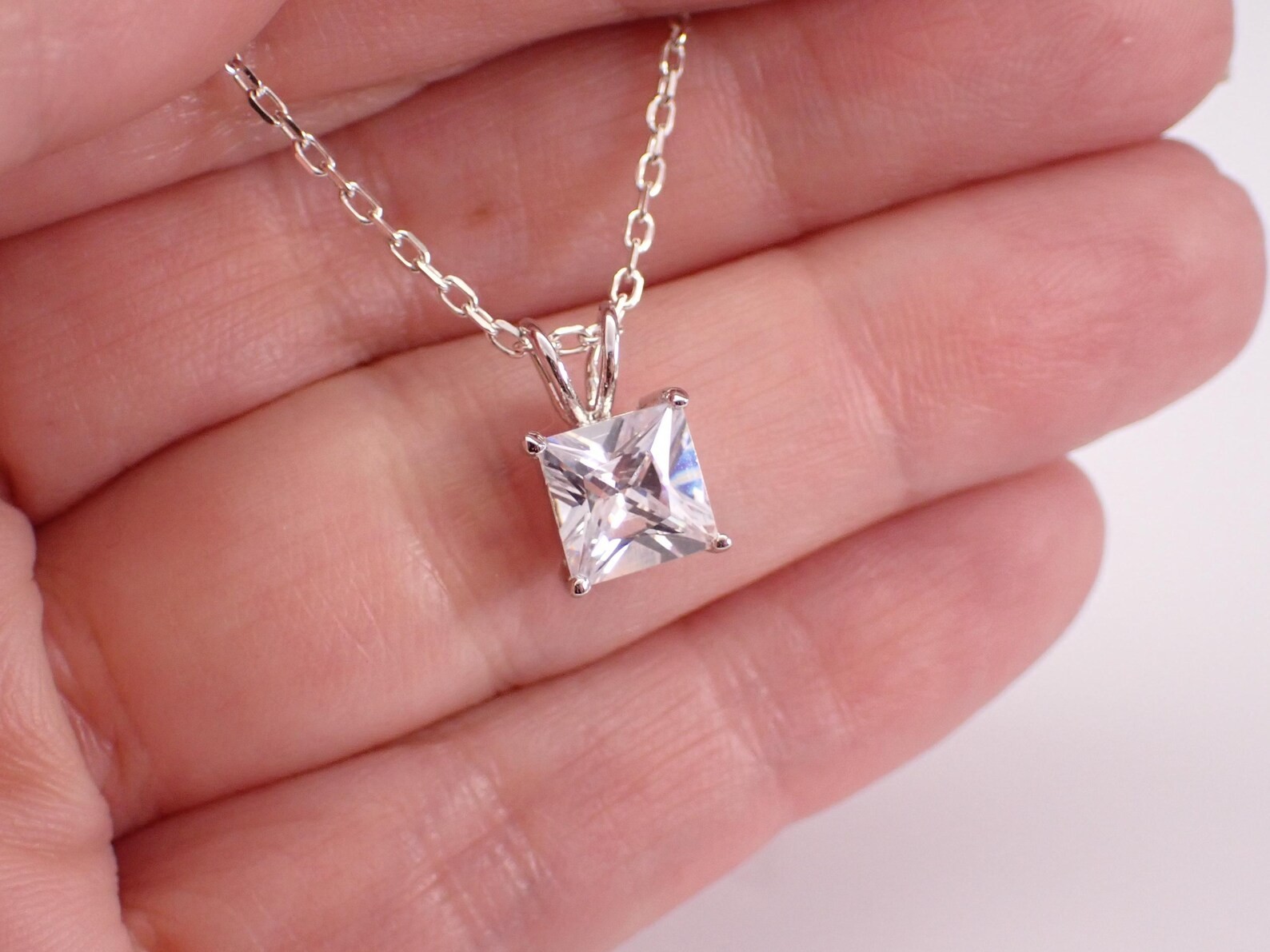 1.35 Ctw Princess Cut Moissanite Pendant For Women 14k White Gold Plated.