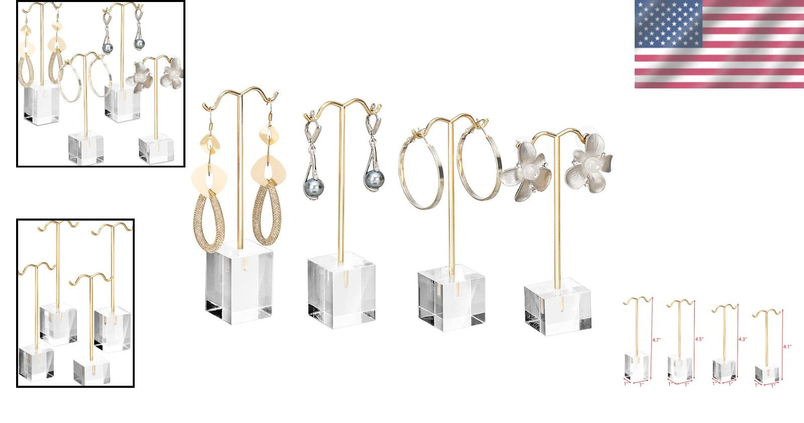 Stylish Jewelry Display: 4 Gold Acrylic Earring Stands for Countertops