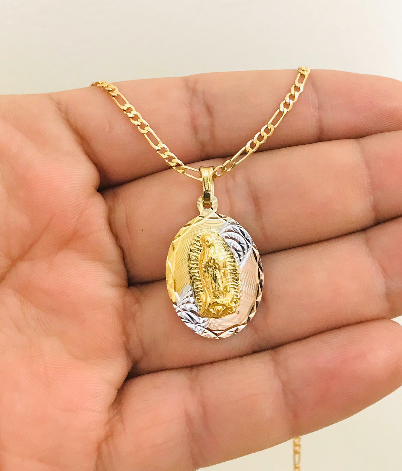 Virgen de Guadalupe Necklace 20″ Figaro Link Chain Gold Filled For Womens Dijes