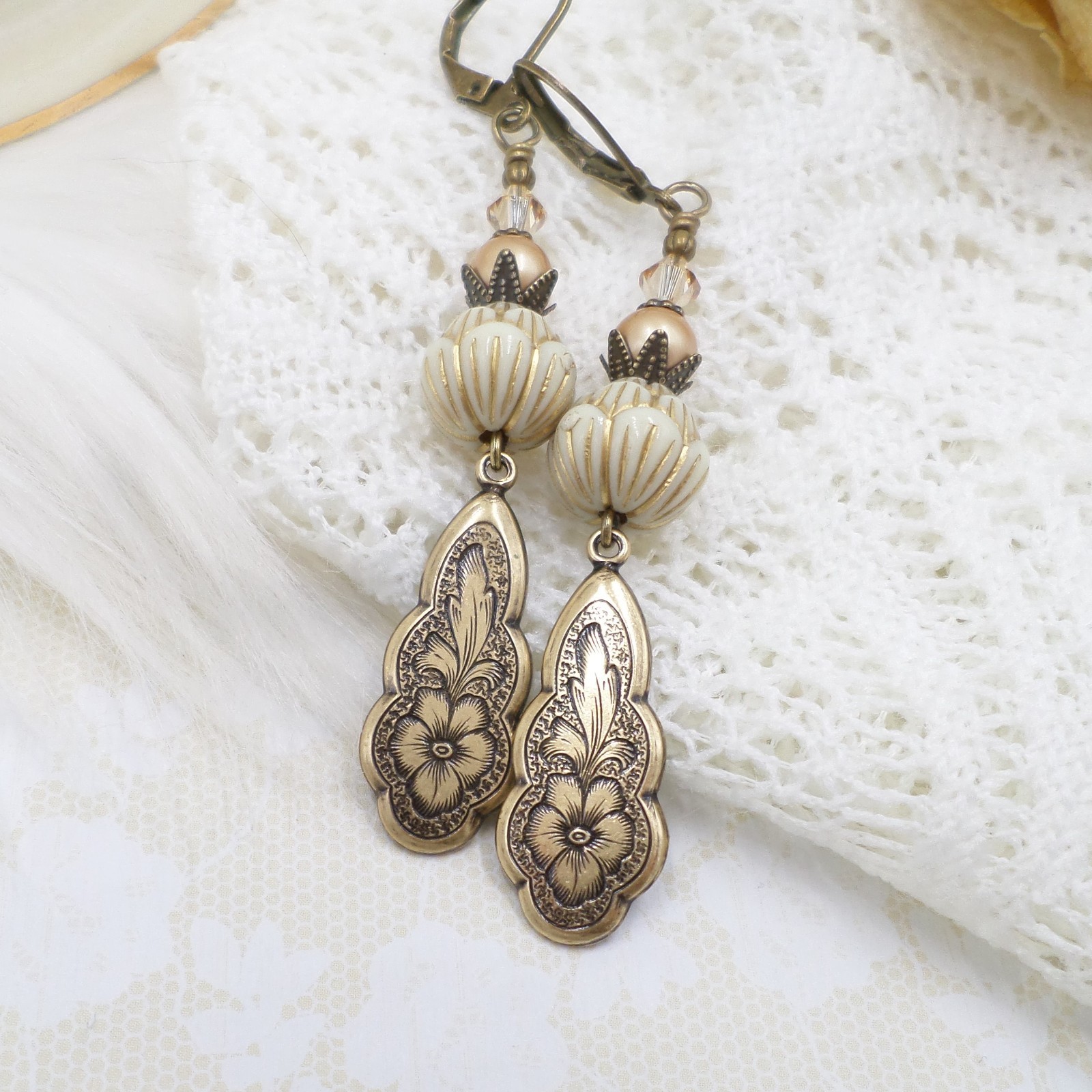 Victorian Floral Brass Earrings, Cream Acrylic Bead Handmade Dangle Jewelry