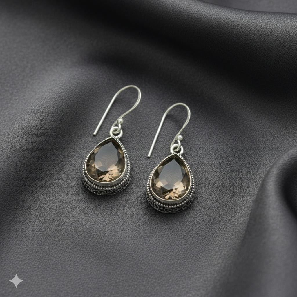 Pear Natural Smoky Quartz Dangle Drop Minimal Dainty Earrings Jewelry 925 Silver