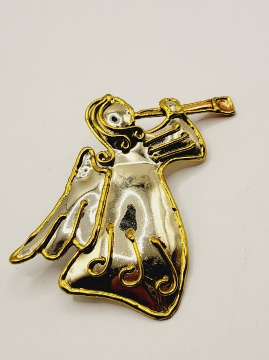 ANGEL Brooch Modernist Metal Three Tone Copper Silver Gold tone Vintage #F