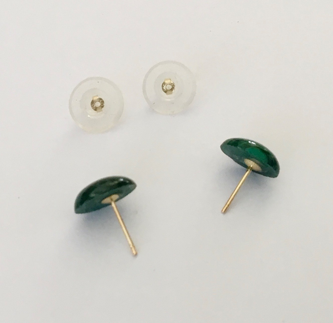 Genuine Natural Malachite Cabochon In Solid 14K Gold Stud Earrings NEW