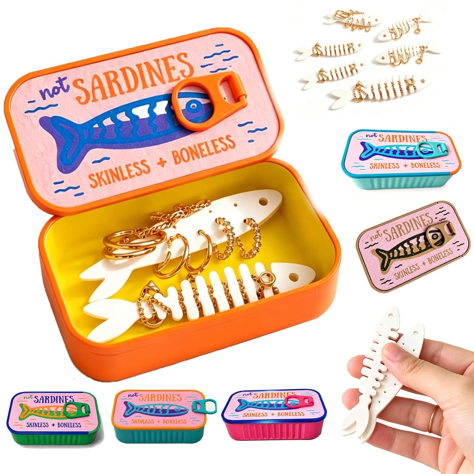 Sardines Travel Jewelry Case 3D Printed Tin Storage Case w/ 3 Fishbones Holders
