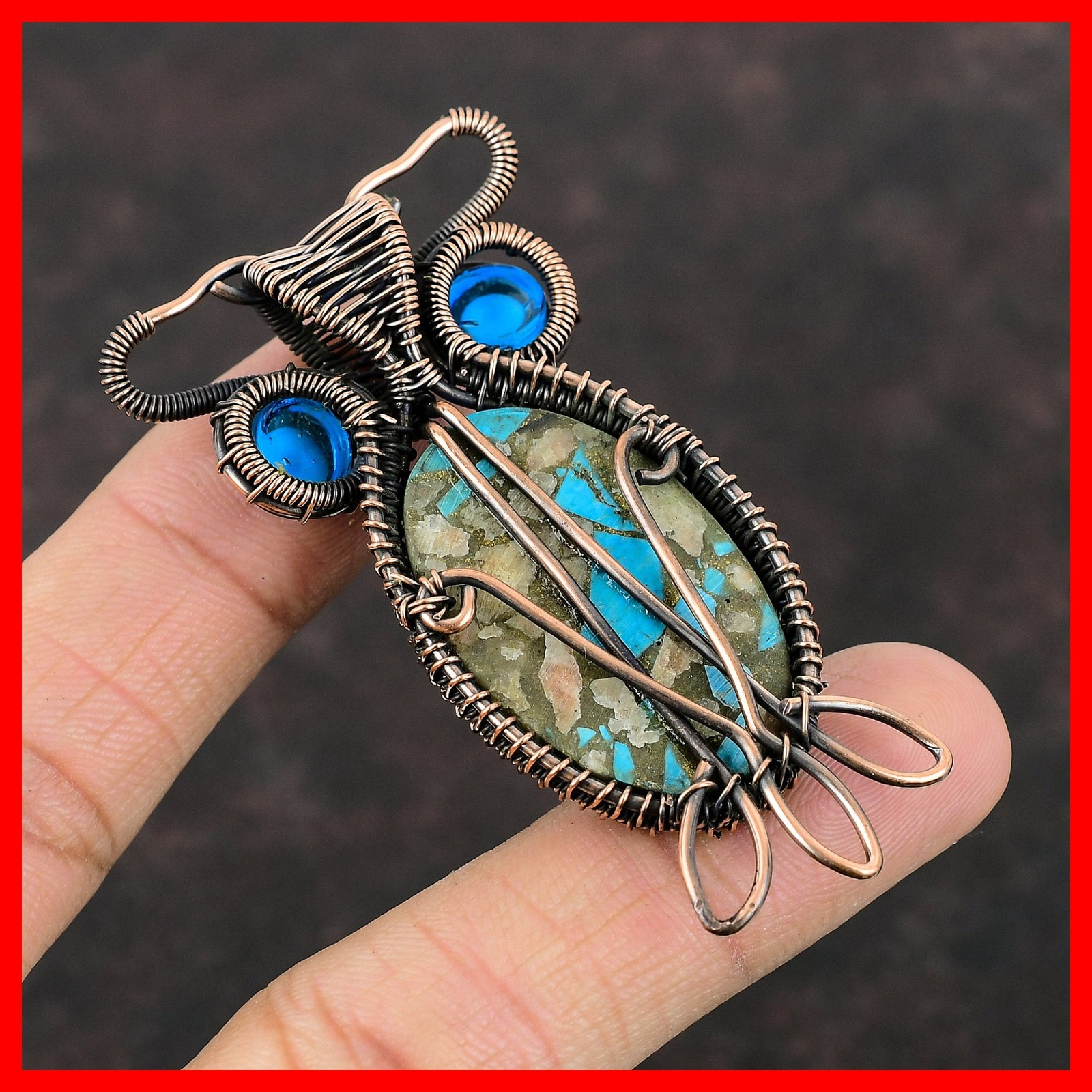 Copper Natural Pink Opal Copper Turquoise Blue Color Evil Eye Pendant Jewelry