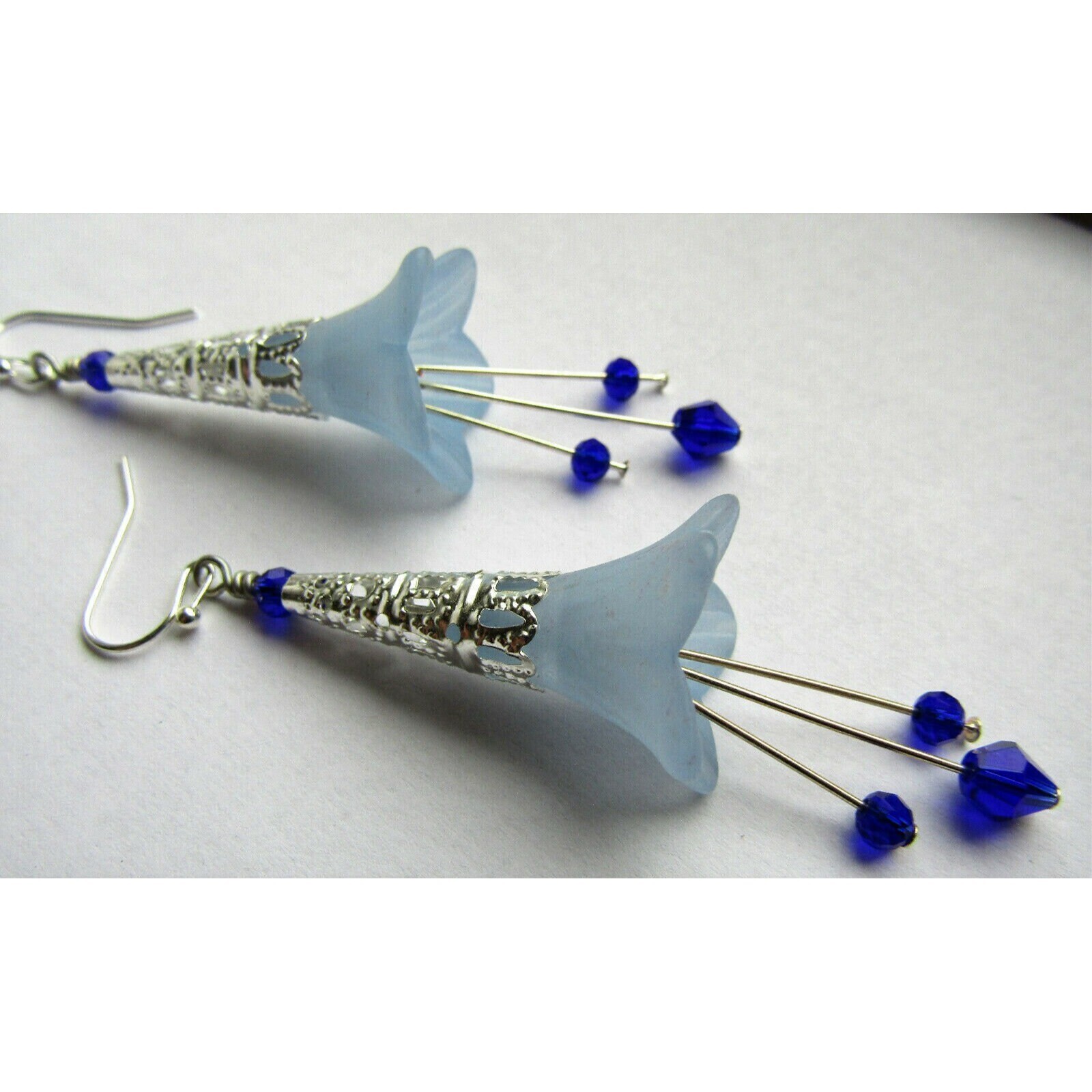 Lucite FLOWER Earrings Dark Blue Dangle, Silver Plated, Handmade Minimalist