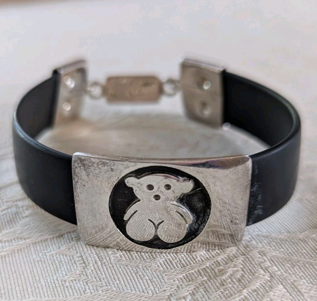 TOUS Sterling Silver 925 Bear Black Rubber Bracelet J. Comes Clasp