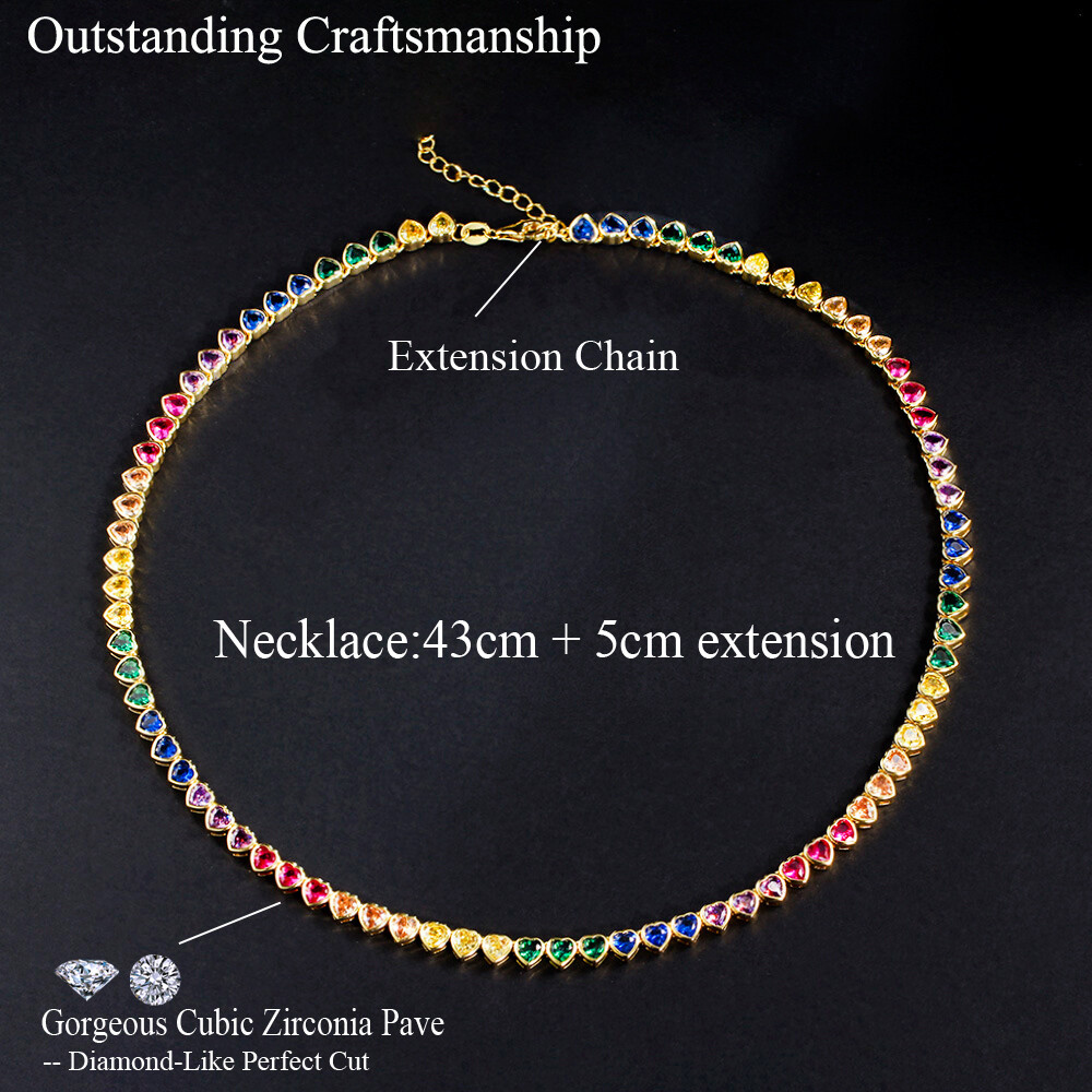 Gold Plated Rainbow Cubic Zircon Heart Tennis Necklace for Women Wedding Jewelry