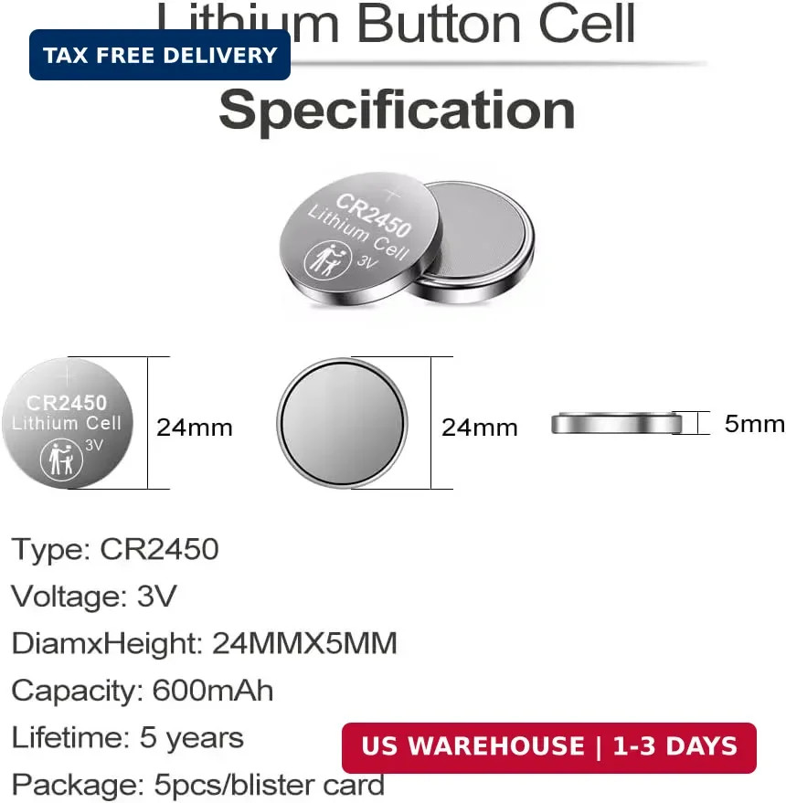 PGSONIC CR2450 Batteries, 3 Volt Lithium Coin Battery 10 Count, High Capacity an