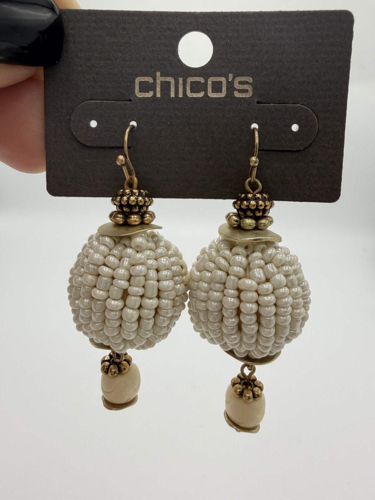 Chico’s white seed bead drop earrings with gold-tone New