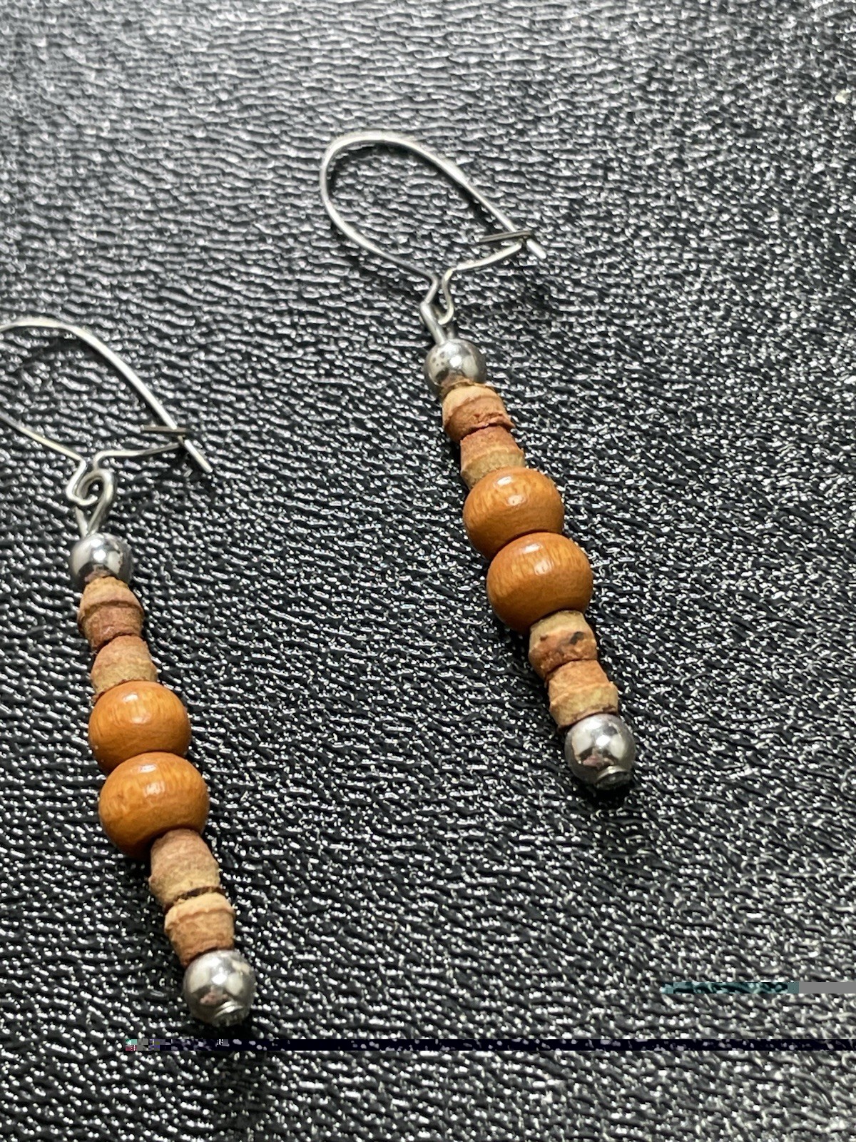 Vintage 1.8” Wood Beaded Bohemian Silver Tone Dangle Earrings